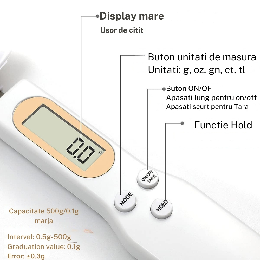 Lingura cu Cantar Digital de Bucatarie – Precizie 0.1 g, Capacitate 500 g, Ideala pentru Lapte Praf, Condimente, Lichide si Pulberi, Baterie inclusa CR2032, 23 cm [3]