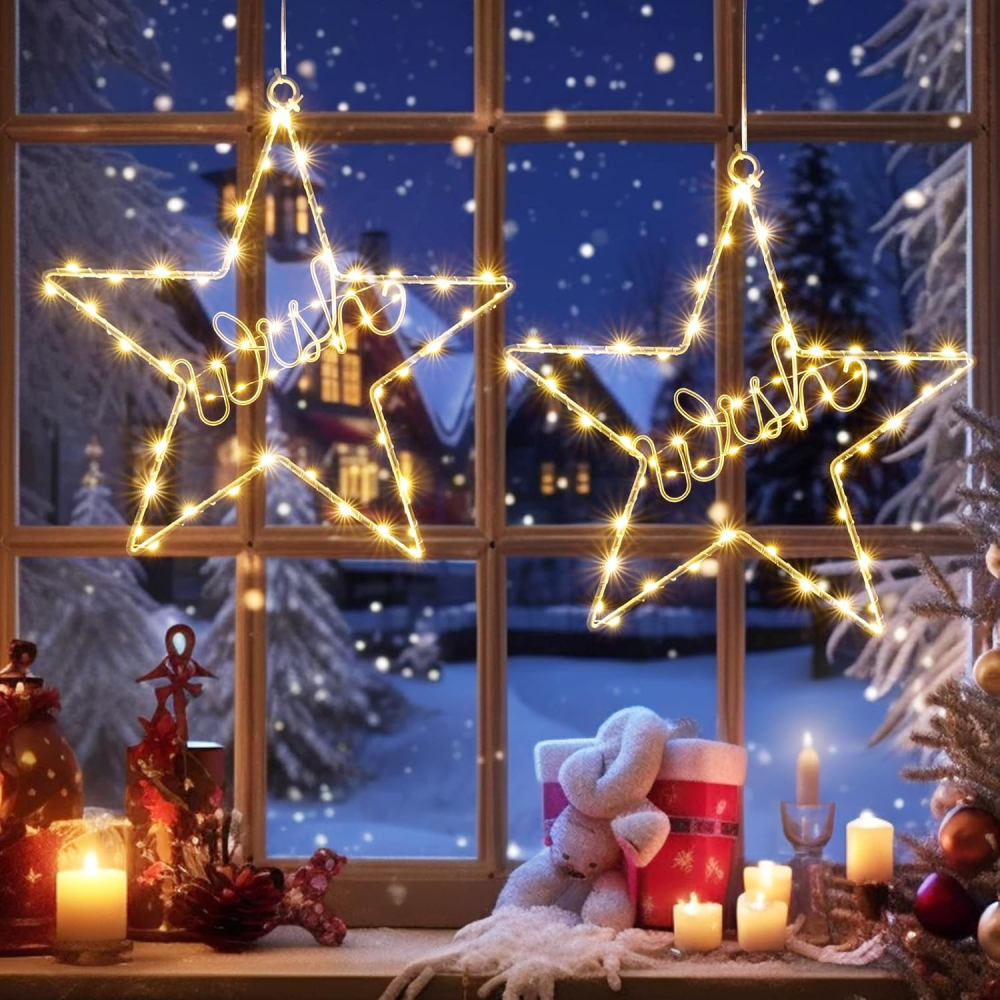 Luminite de Craciun in forma de Stea, Set 2, 30,5x30,5 cm, 60 LED, cu 8 Moduri de iluminare, Alimentare cu Baterie, Timer + 2 Carlige Adezive de prindere [5]