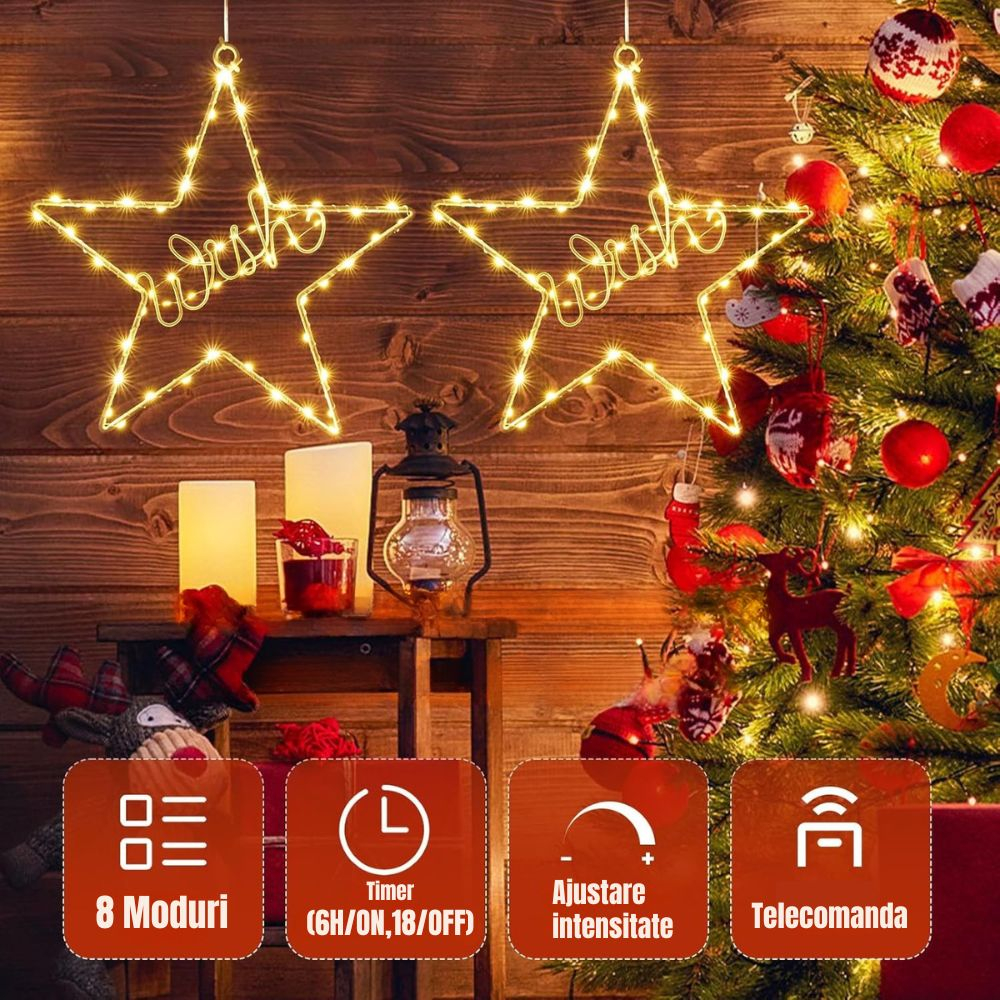 Luminite de Craciun in forma de Stea, Set 2, 30,5x30,5 cm, 60 LED, cu 8 Moduri de iluminare, Alimentare cu Baterie, Timer + 2 Carlige Adezive de prindere [3]