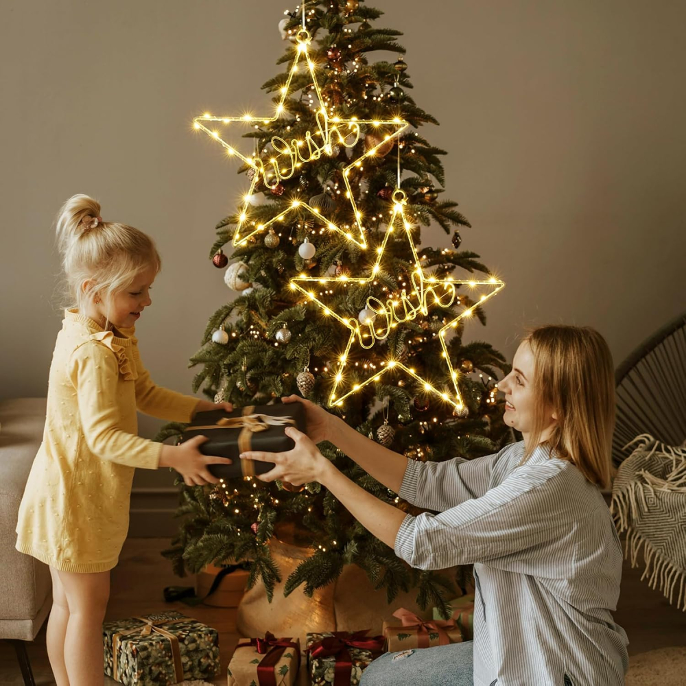 Luminite de Craciun in forma de Stea, Set 2, 30,5x30,5 cm, 60 LED, cu 8 Moduri de iluminare, Alimentare cu Baterie, Timer + 2 Carlige Adezive de prindere [4]