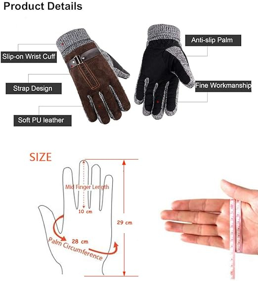 Mănuși de Iarnă Bărbați YULOONG, Touchscreen, Antiderapante, Căptușeală Fleece, Design Elegant din Piele de Porc, Maro [7]