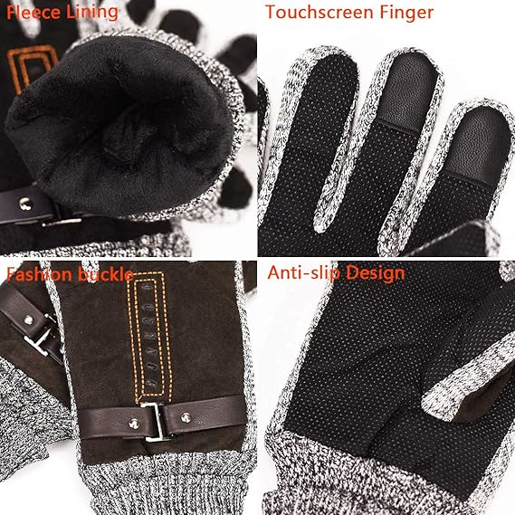 Mănuși de Iarnă Bărbați YULOONG, Touchscreen, Antiderapante, Căptușeală Fleece, Design Elegant din Piele de Porc, Maro [5]