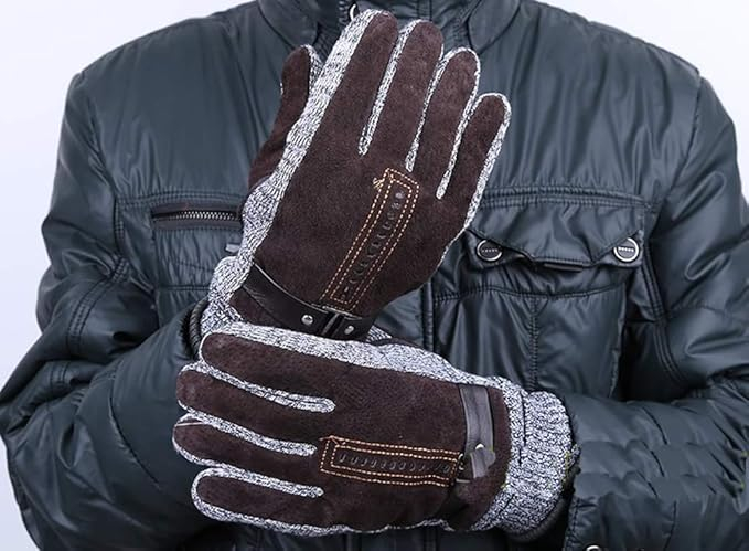 Mănuși de Iarnă Bărbați YULOONG, Touchscreen, Antiderapante, Căptușeală Fleece, Design Elegant din Piele de Porc, Maro [2]