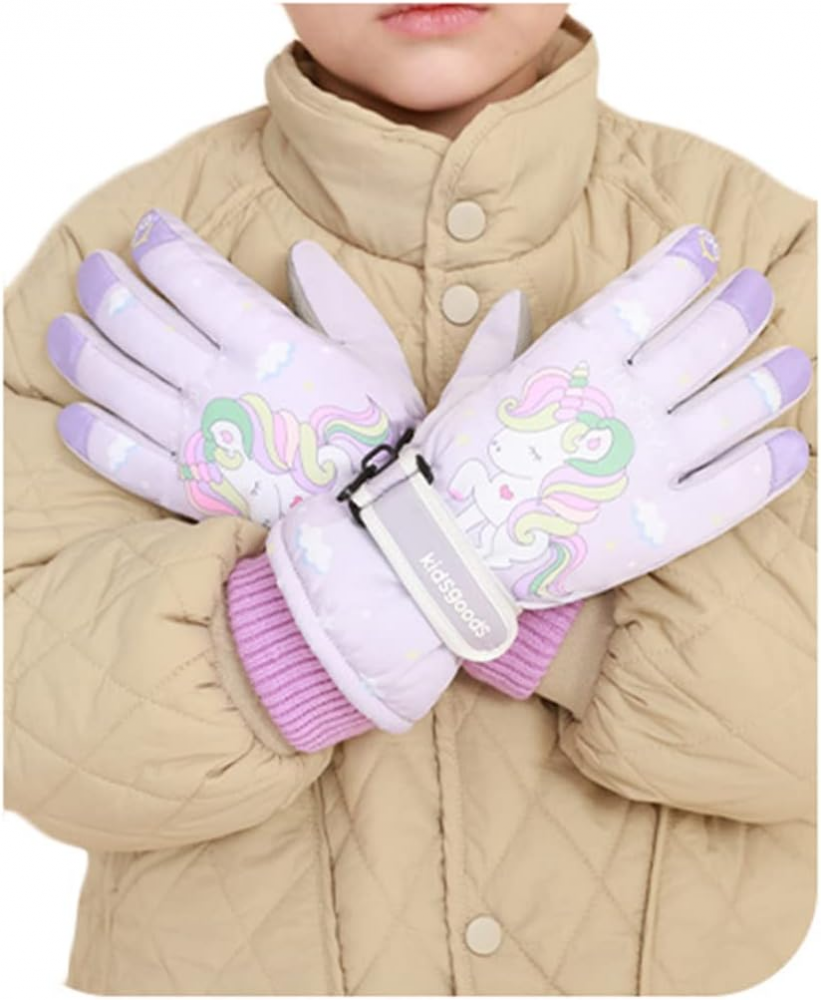 Manusi pentru copii, manseta elastica si prindere reglabila, waterproof, imprimeu cu unicorn, violet, marime 6 – 12 ani [3]