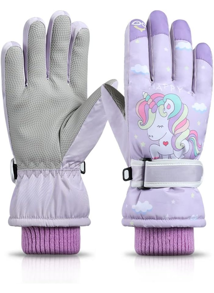 Manusi pentru copii, manseta elastica si prindere reglabila, waterproof, imprimeu cu unicorn, violet, marime 6 – 12 ani [2]