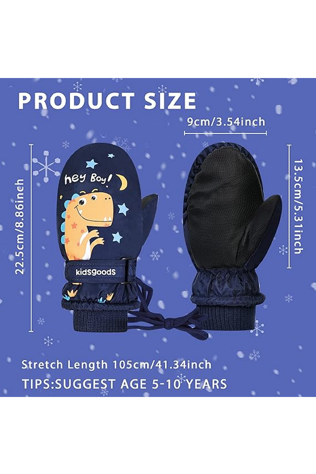 Manusi pentru copii, model cu un singur deget, manseta elastica si prindere reglabila, waterproof, imprimeu cu dinozaur, albastru, marime 6 – 12 ani [2]