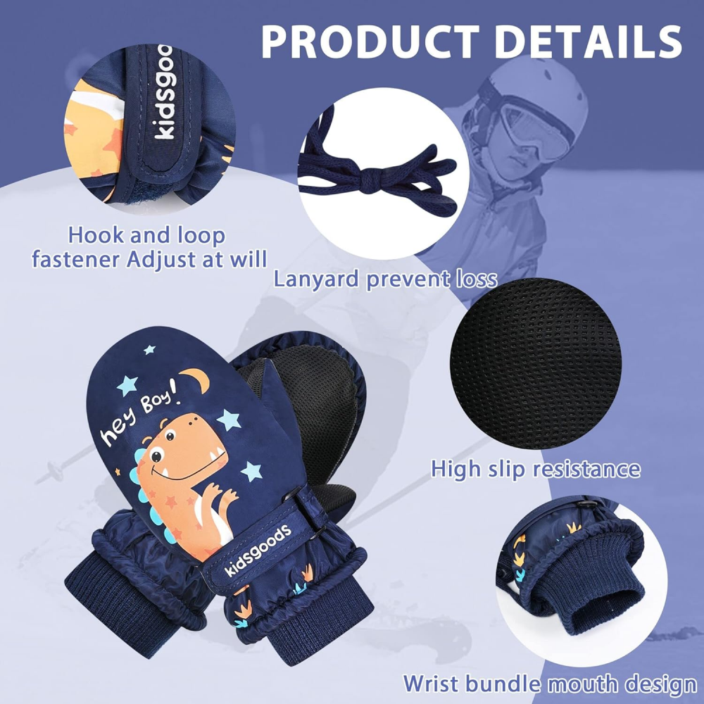 Manusi pentru copii, model cu un singur deget, manseta elastica si prindere reglabila, waterproof, imprimeu cu dinozaur, albastru, marime 6 – 12 ani [4]