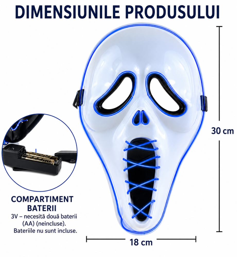 Masca horror pentru adulti cu iluminare LED albastra, prindere cu elastic, dimensiuni 31 x 18 cm. [4]