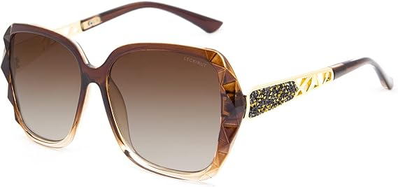 Ochelari de Soare Oversized Femei LECKIRUT, Polarizați, Protecție UV400, Rame Negre cu Cristale Decorative, Lentile Maro [2]