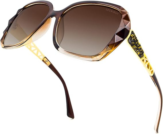 Ochelari de Soare Oversized Femei LECKIRUT, Polarizați, Protecție UV400, Rame Negre cu Cristale Decorative, Lentile Maro [3]