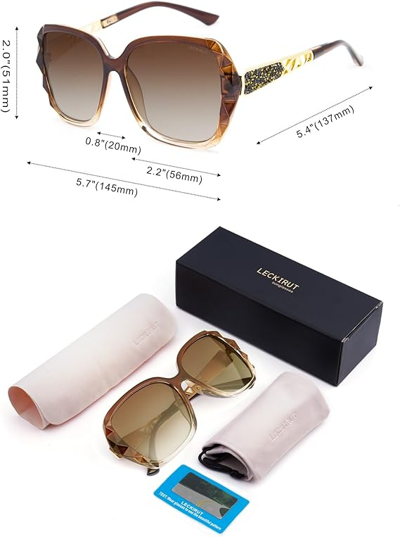 Ochelari de Soare Oversized Femei LECKIRUT, Polarizați, Protecție UV400, Rame Negre cu Cristale Decorative, Lentile Maro [4]