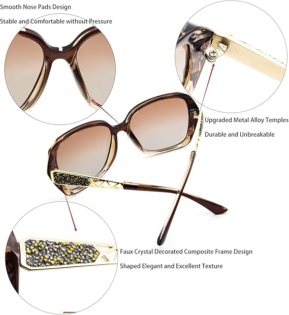 Ochelari de Soare Oversized Femei LECKIRUT, Polarizați, Protecție UV400, Rame Negre cu Cristale Decorative, Lentile Maro [5]