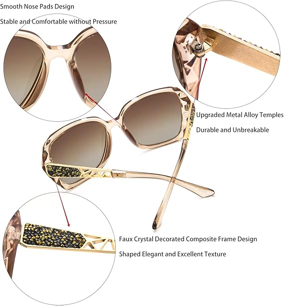 Ochelari de Soare Oversized pentru Femei LECKIRUT, Polarizați, UV400, Rame Fashion cu Cristale, Accesorii Incluse, Cadou Elegant [8]