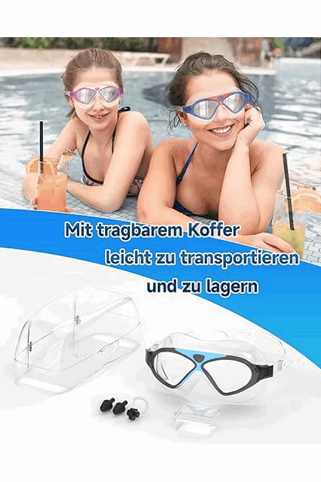 Ochelari inot profesionali, anti-aburire, protectie UV, lentila Mirror, dopuri urechi, cleste nas, cutie depozitare, Reglabili, Unisex, NegruAlbastru, X2ZEL [7]