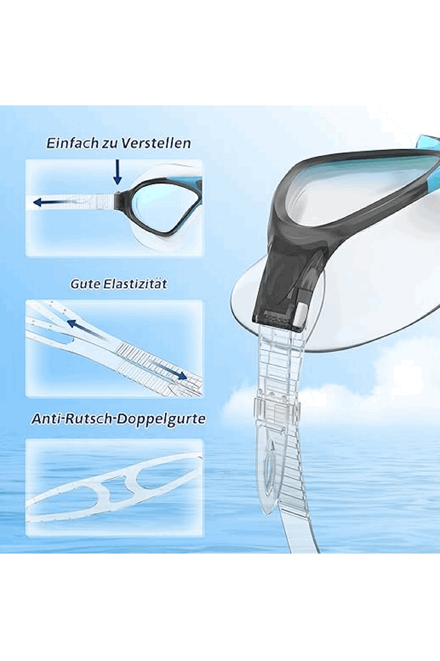 Ochelari inot profesionali, anti-aburire, protectie UV, lentila Mirror, dopuri urechi, cleste nas, cutie depozitare, Reglabili, Unisex, NegruAlbastru, X2ZEL [5]
