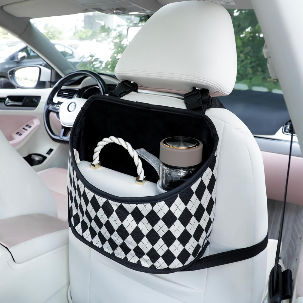 Organizator Auto Negru cu Model Diamond, VOXURY, Geantă de Depozitare între Scaune, Suport pentru Genți, Portofele, Gustări, Băuturi și Telefon [1]