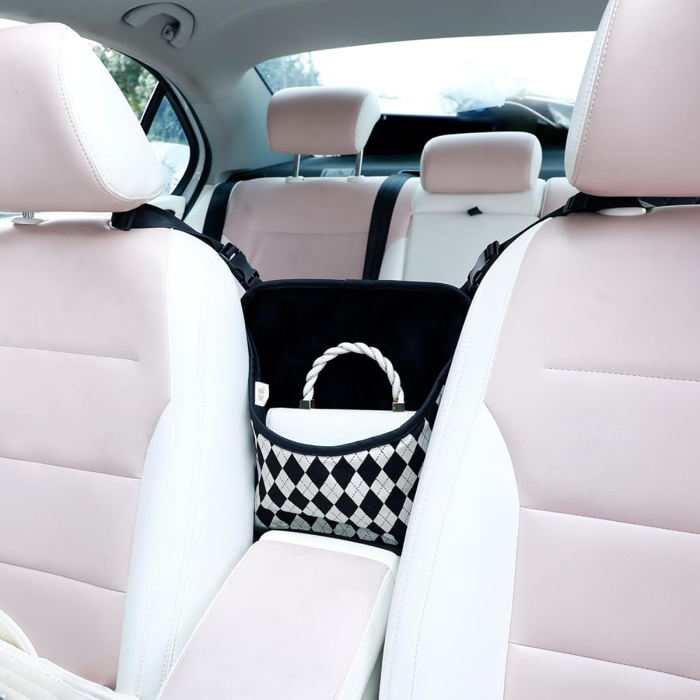 Organizator Auto Negru cu Model Diamond, VOXURY, Geantă de Depozitare între Scaune, Suport pentru Genți, Portofele, Gustări, Băuturi și Telefon [6]
