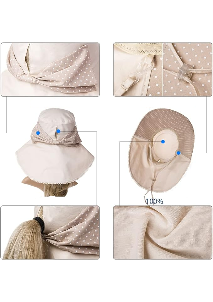 Palarie bej mare de soare cu funda reglabila UPF 50+ pentru dama, marime S (56cm), Comhats [2]