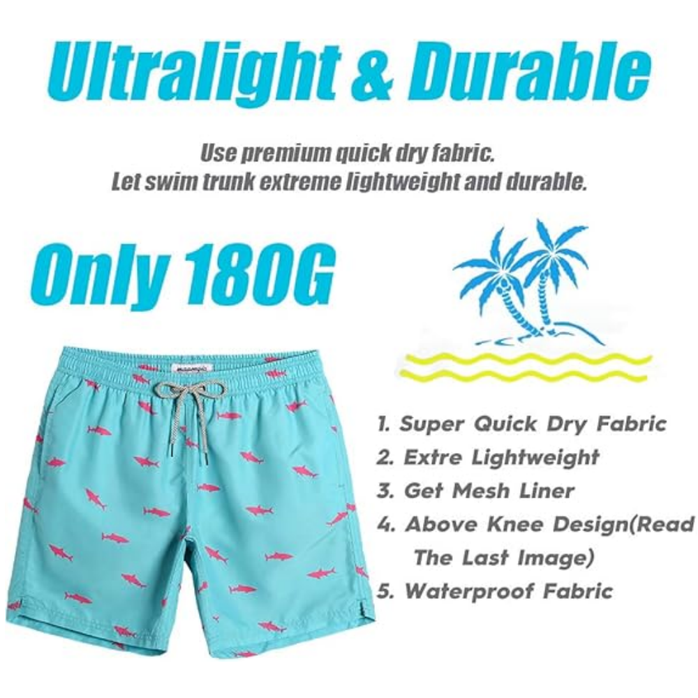 Pantaloni de baie barbati, uscare rapida, ideali pentru plaja, inot, surf sau vacanta, MaaMgic, albastru imprimeu rechini roz, marime L [4]