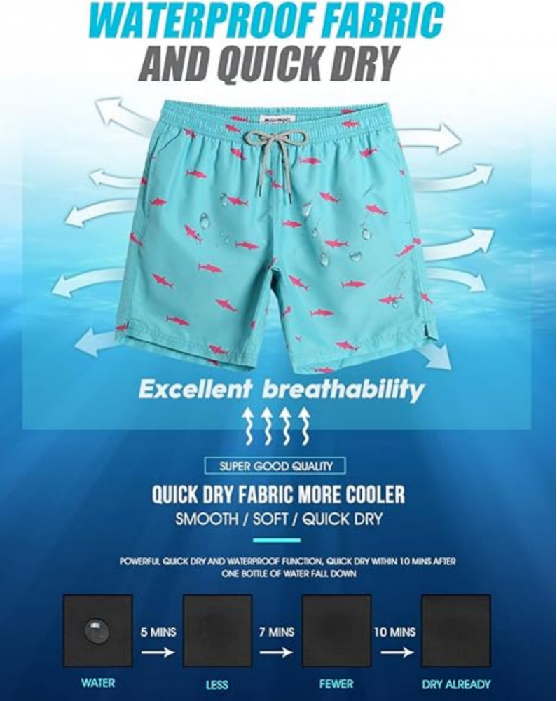 Pantaloni de baie barbati, uscare rapida, ideali pentru plaja, inot, surf sau vacanta, MaaMgic, albastru imprimeu rechini roz, marime L [5]