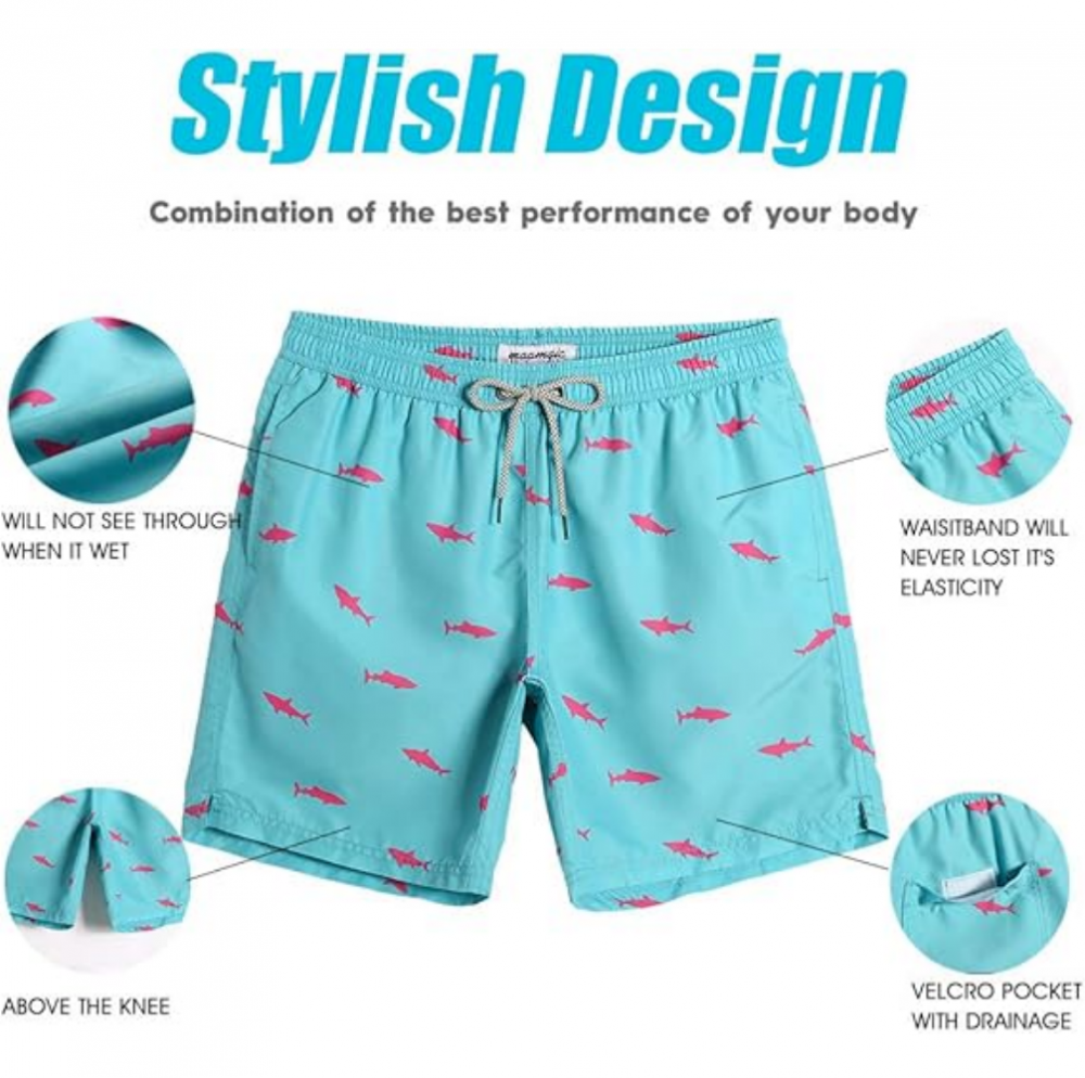 Pantaloni de baie barbati, uscare rapida, ideali pentru plaja, inot, surf sau vacanta, MaaMgic, albastru imprimeu rechini roz, marime L [3]