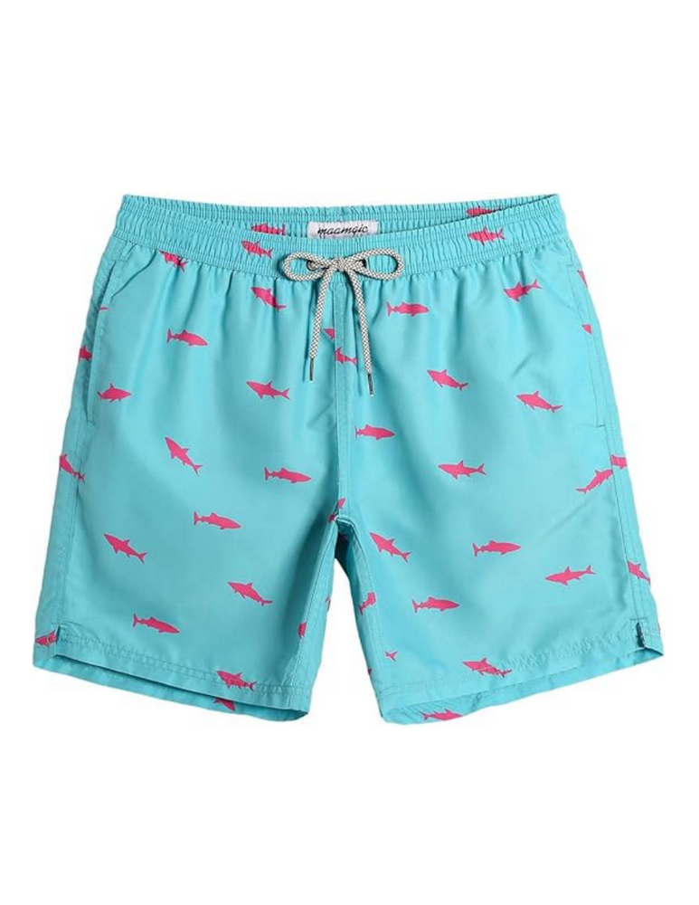 Pantaloni de baie barbati, uscare rapida, ideali pentru plaja, inot, surf sau vacanta, MaaMgic, albastru imprimeu rechini roz, marime L [1]