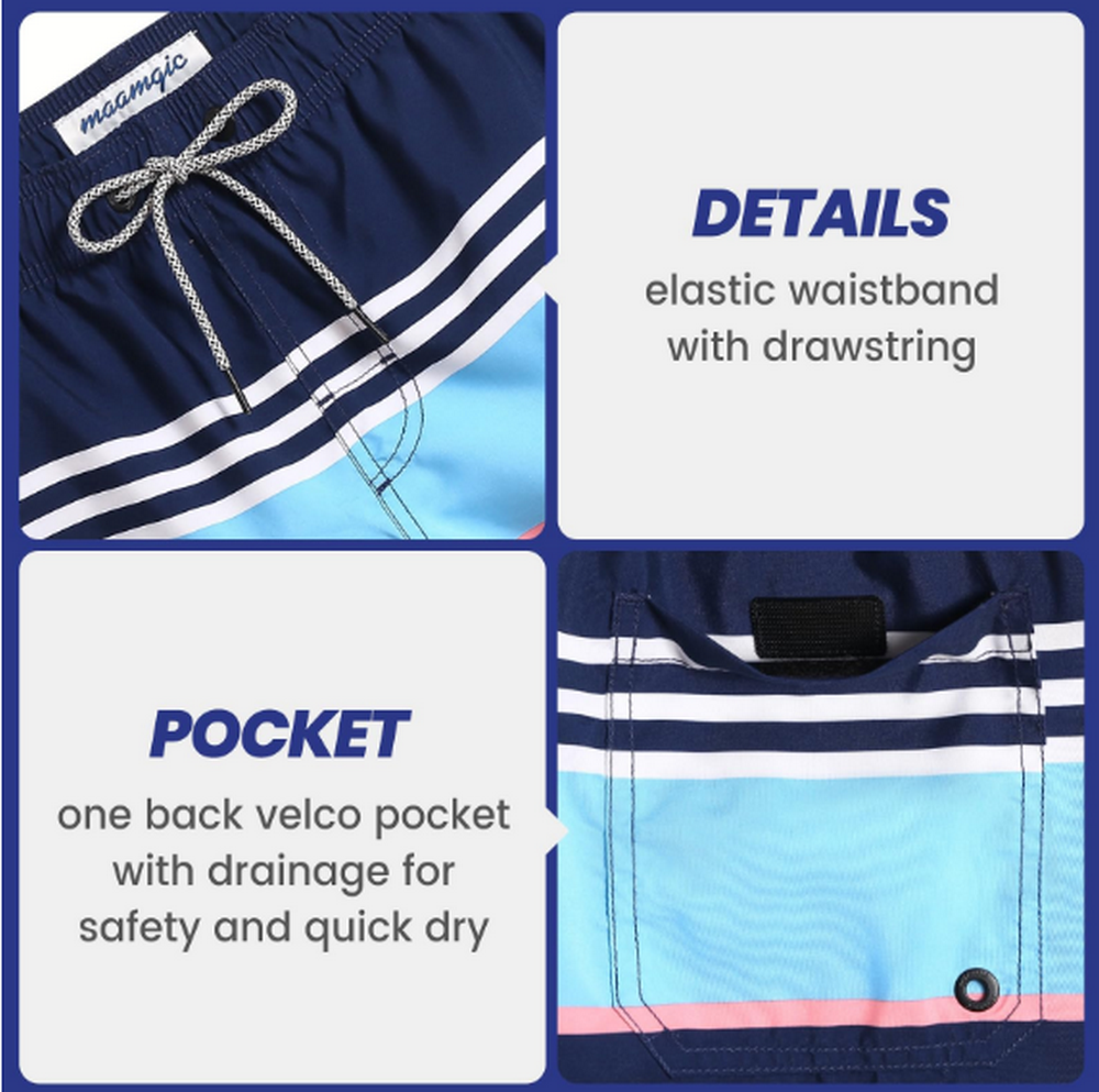 Pantaloni de baie barbati, uscare rapida, ideali pentru plaja, inot, surf sau vacanta, MaaMgic, Bleumarin cu dungi albe, marime S [5]