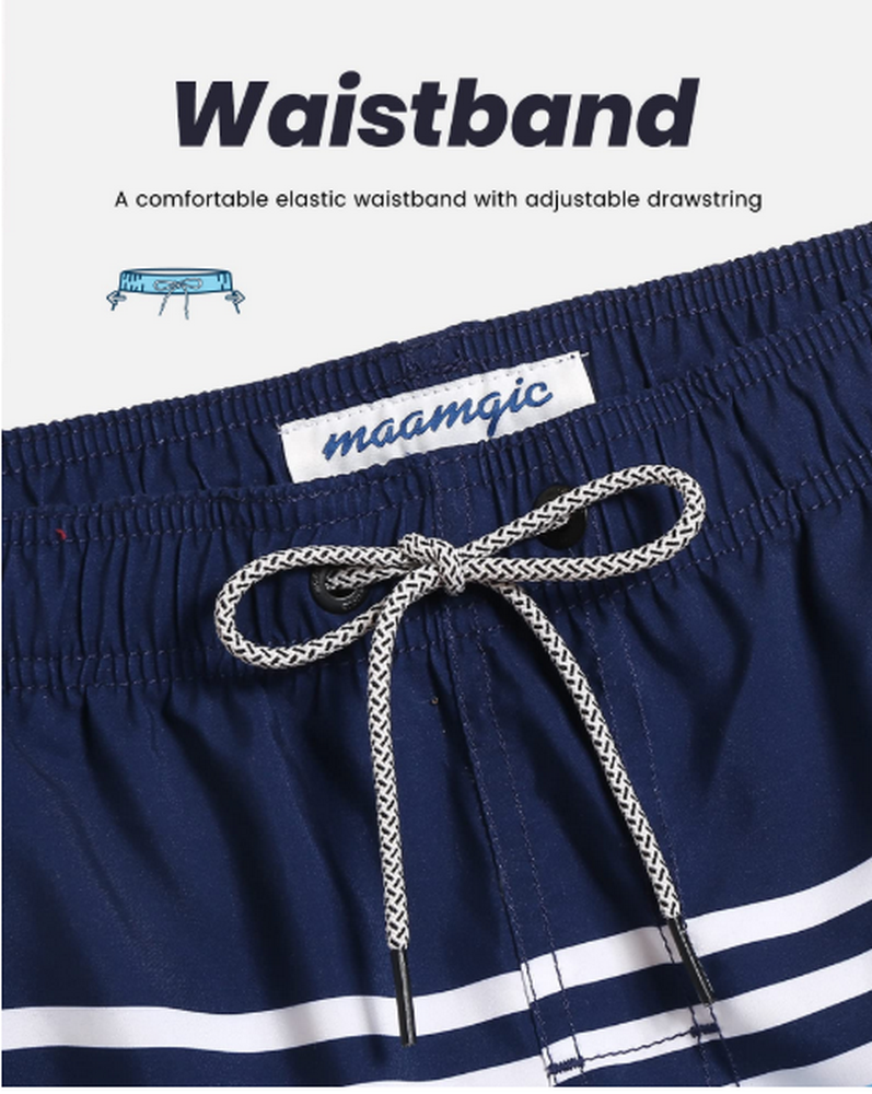 Pantaloni de baie barbati, uscare rapida, ideali pentru plaja, inot, surf sau vacanta, MaaMgic, Bleumarin cu dungi albe, marime S [3]