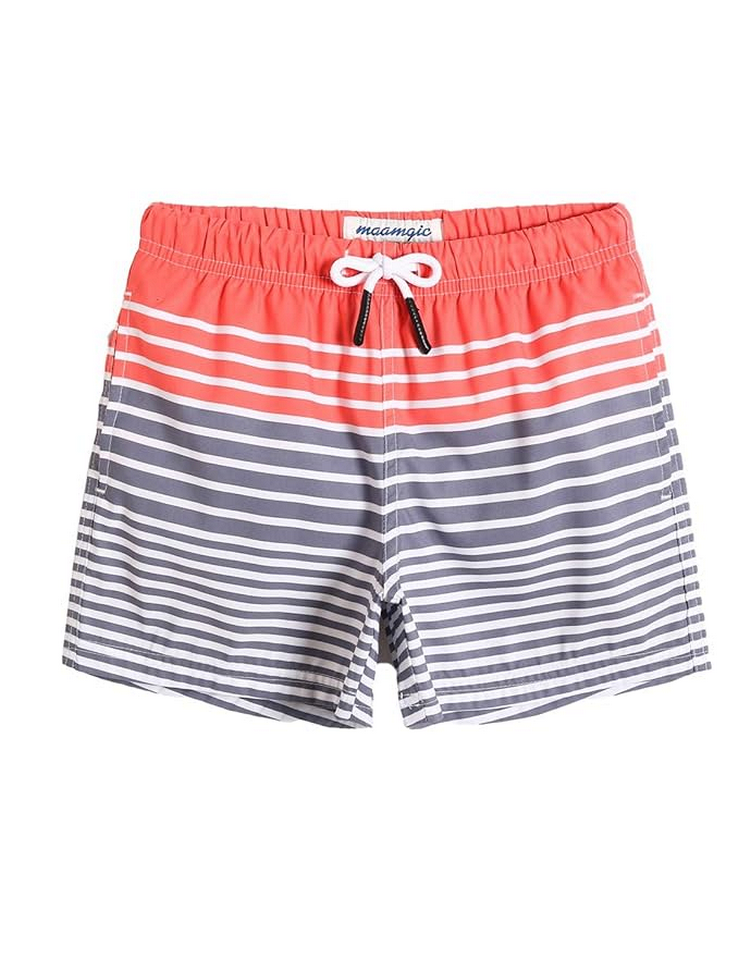 Pantaloni de baie barbati, uscare rapida, ideali pentru plaja, inot, surf sau vacanta, MaaMgic, portocaliu cu dungi albe si gri, marime S [1]
