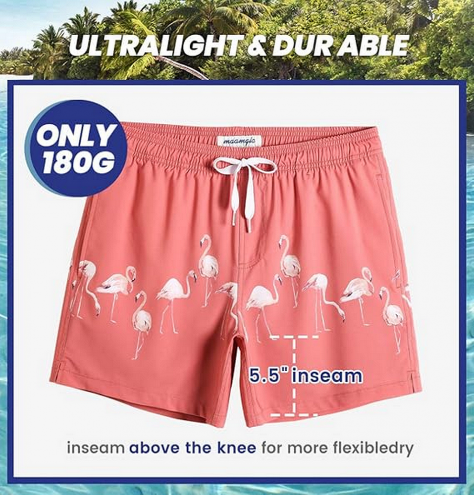 Pantaloni de baie barbati, uscare rapida, ideali pentru plaja, inot, surf sau vacanta, MaaMgic, portocaliu imprimeu flamingo, marime 2XL [6]