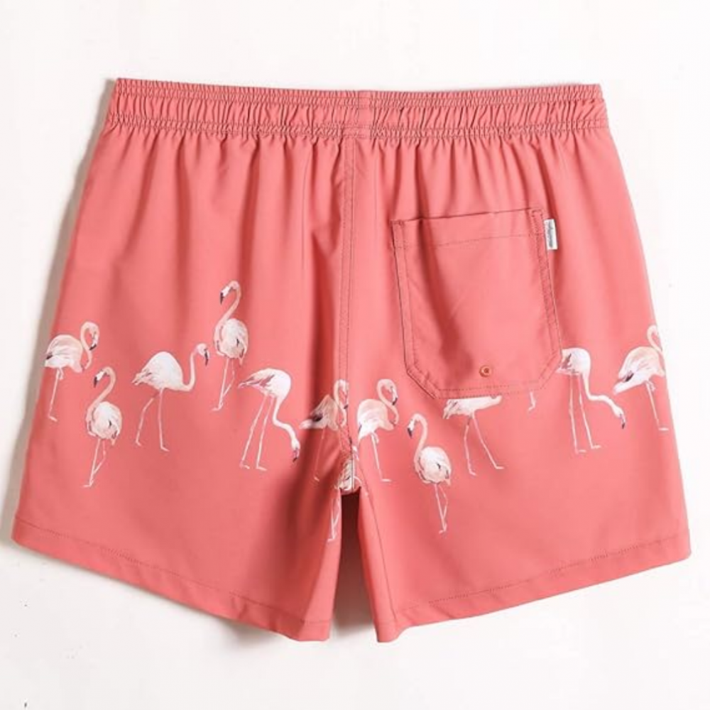 Pantaloni de baie barbati, uscare rapida, ideali pentru plaja, inot, surf sau vacanta, MaaMgic, portocaliu imprimeu flamingo, marime 2XL [2]