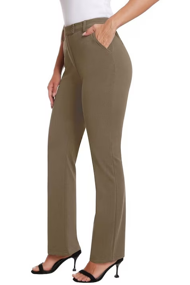 Pantaloni eleganti dama drepti cu talie inalta, Siliteelon, kaki [1]