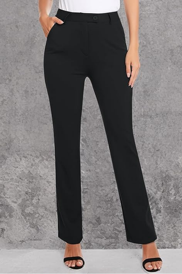 Pantaloni eleganti dama drepti cu talie inalta, Siliteelon, negru [7]
