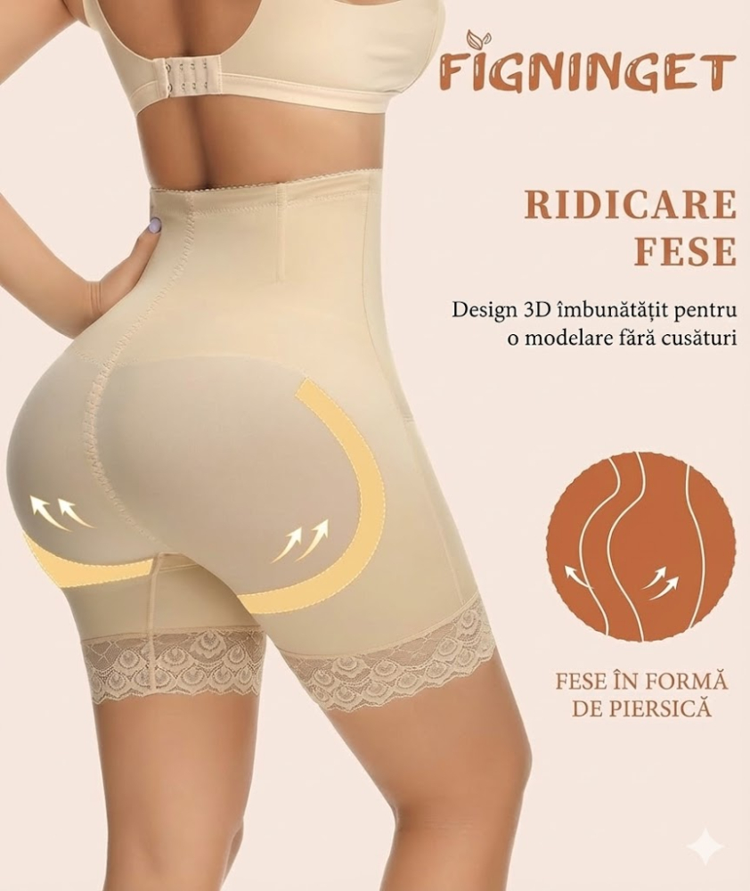 Pantaloni Modelatori Figninget pentru Femei – Short Shapewear Talie Înaltă, Control Abdomen, Liftare Fese 3D, Dantelă Anti-Frecare, Culoare Bej – Mărimea M [3]