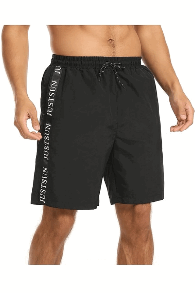 Pantaloni scurti de baie pentru barbati, JustSun, cu snur si buzunare, uscare rapida, pentru inot, plaja si sport, Negru [4]
