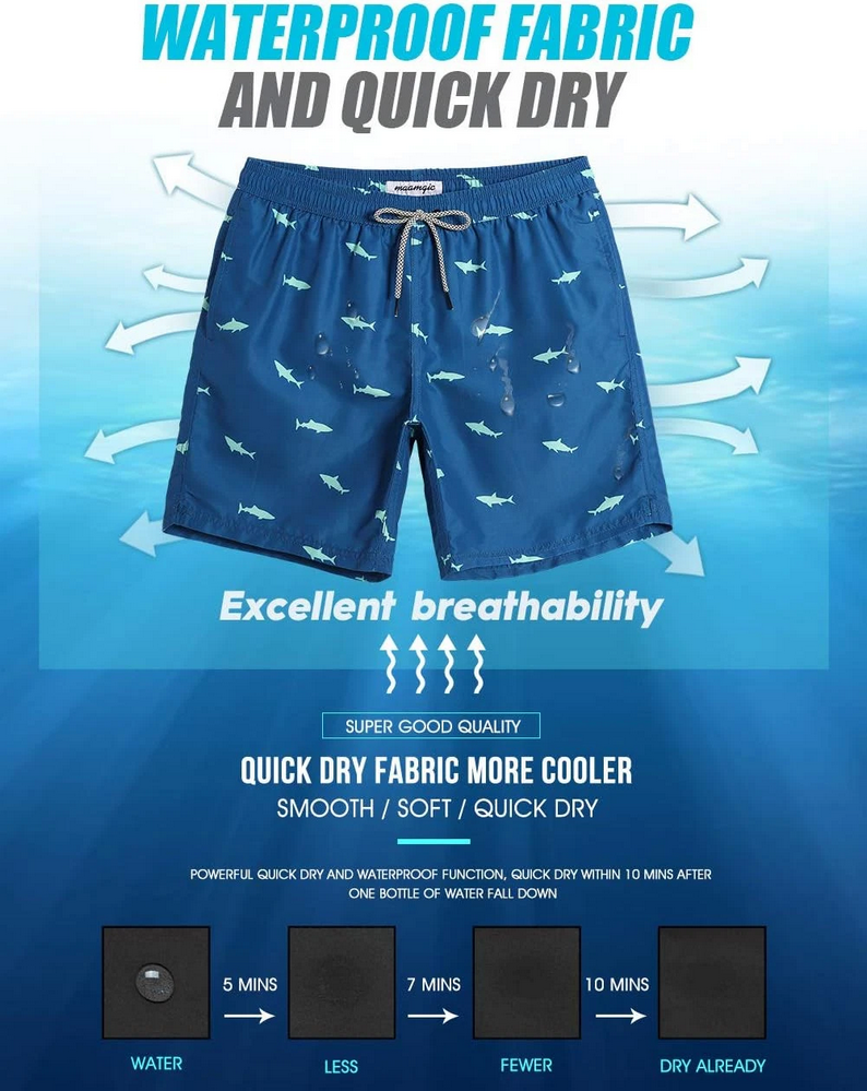 Pantaloni scurți de baie pentru bărbați, uscare rapidă, cu buzunare, MaaMgic, albastru inchis, model cu rechini, marime L [5]
