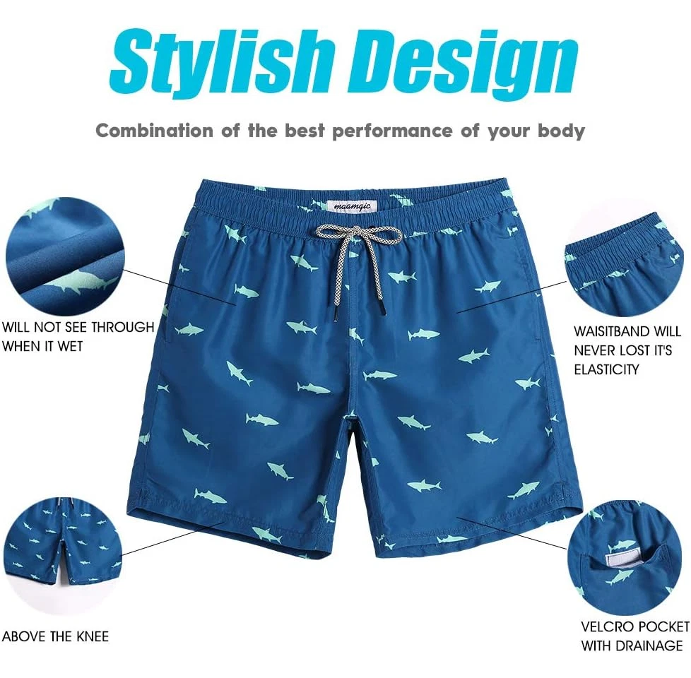 Pantaloni scurți de baie pentru bărbați, uscare rapidă, cu buzunare, MaaMgic, albastru inchis, model cu rechini, marime L [4]