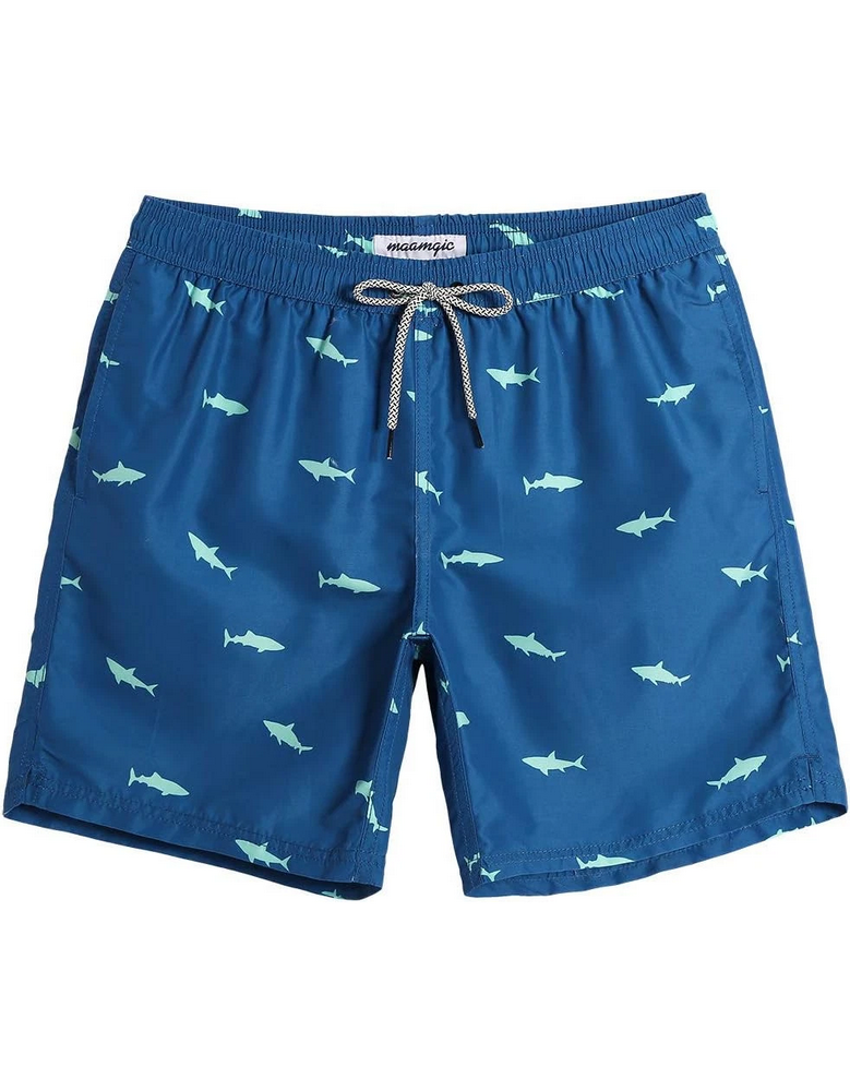 Pantaloni scurți de baie pentru bărbați, uscare rapidă, cu buzunare, MaaMgic, albastru inchis, model cu rechini, marime L [1]