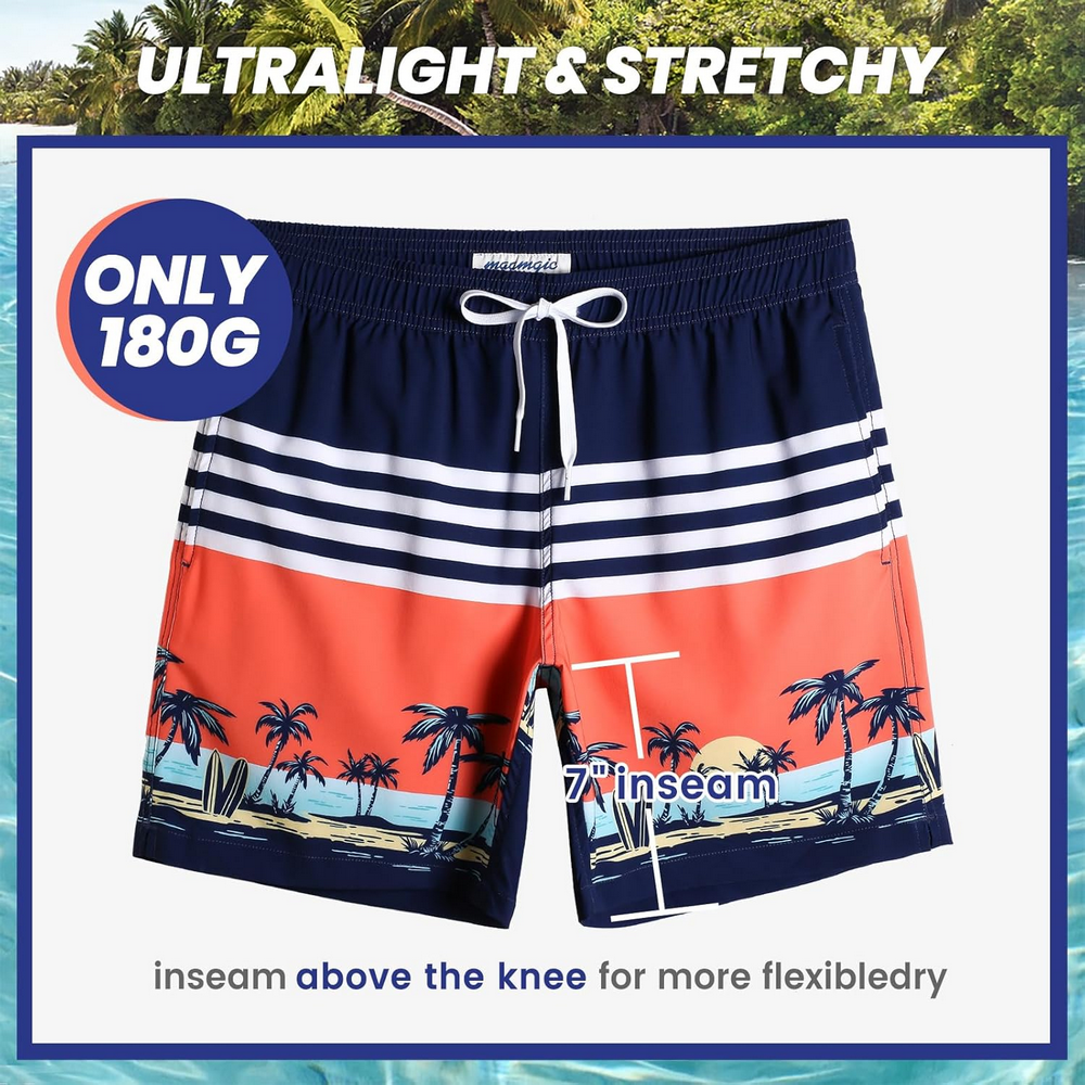 Pantaloni scurți de baie pentru bărbați, uscare rapidă, cu buzunare, MaaMgic, bleumarin inchis, model cu palmieri, marime M [5]
