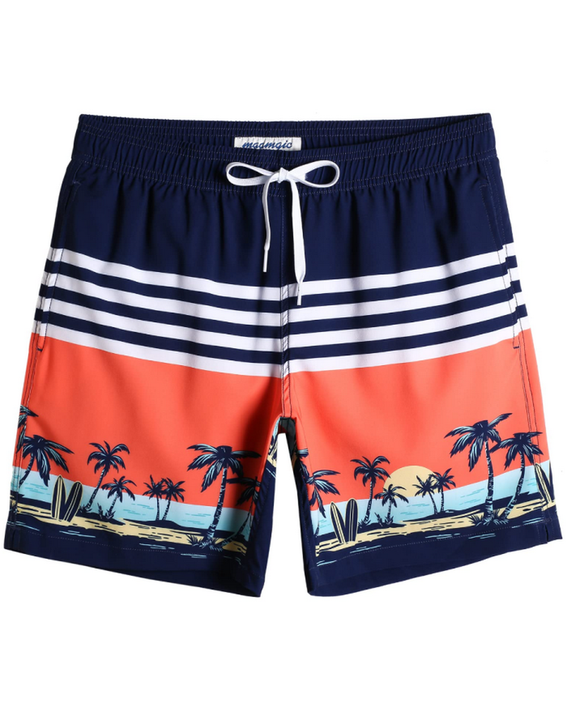 Pantaloni scurți de baie pentru bărbați, uscare rapidă, cu buzunare, MaaMgic, bleumarin inchis, model cu palmieri, marime M [1]