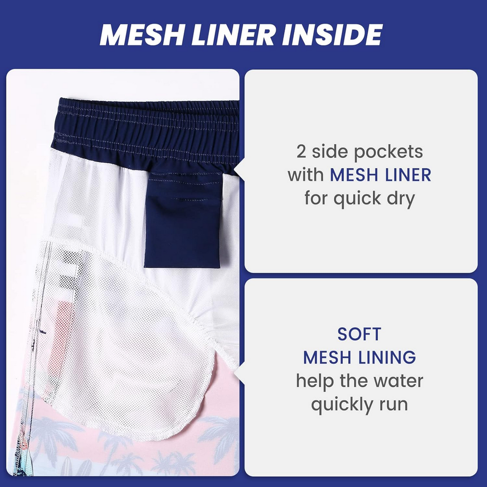 Pantaloni scurți de baie pentru bărbați, uscare rapidă, cu buzunare, MaaMgic, bleumarin inchis, model cu palmieri, marime M [3]