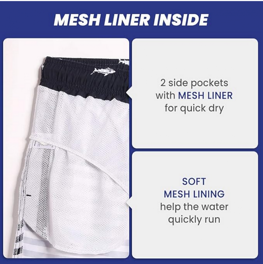 Pantaloni scurți de baie pentru bărbați, uscare rapidă, cu buzunare, MaaMgic, bleumarin inchis, model cu rechini [4]
