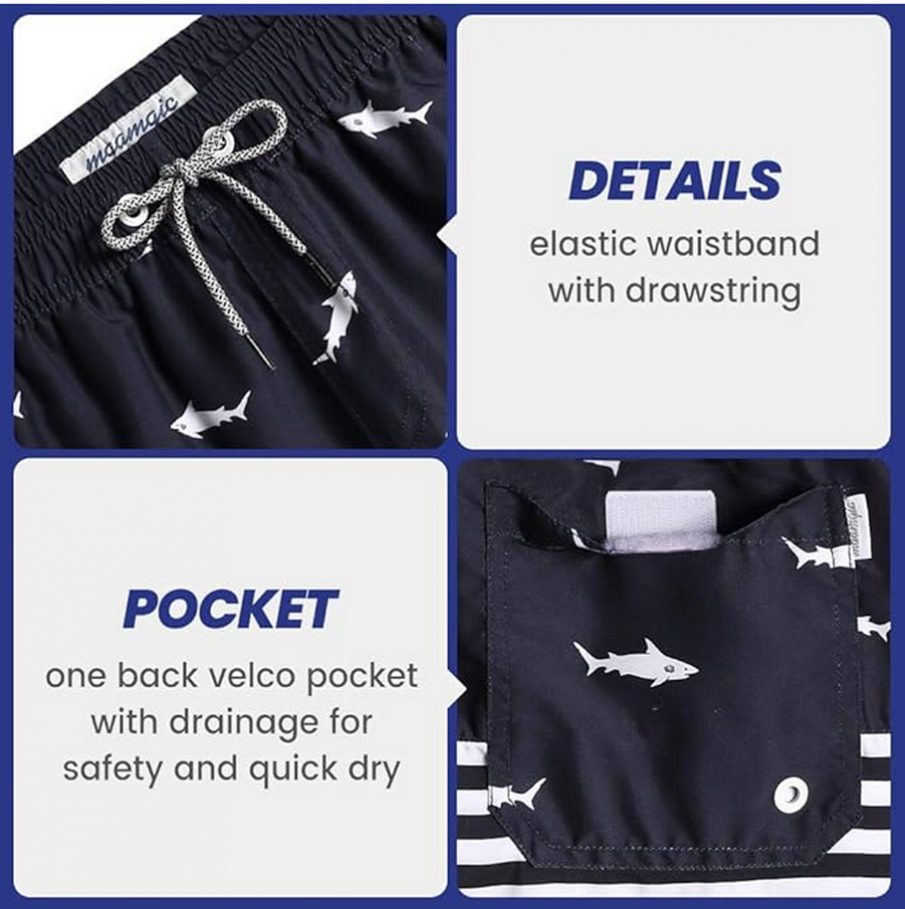Pantaloni scurți de baie pentru bărbați, uscare rapidă, cu buzunare, MaaMgic, bleumarin inchis, model cu rechini [5]