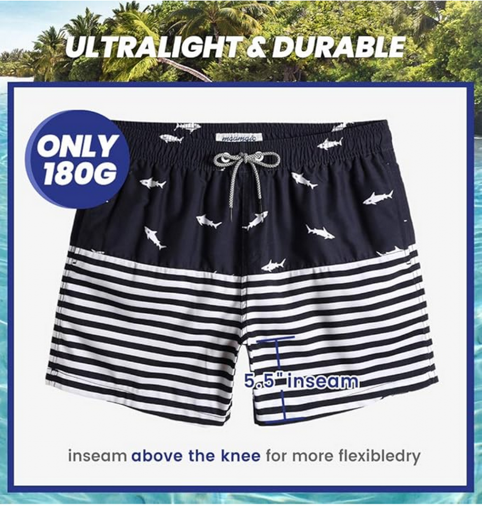 Pantaloni scurți de baie pentru bărbați, uscare rapidă, cu buzunare, MaaMgic, bleumarin inchis, model cu rechini [6]