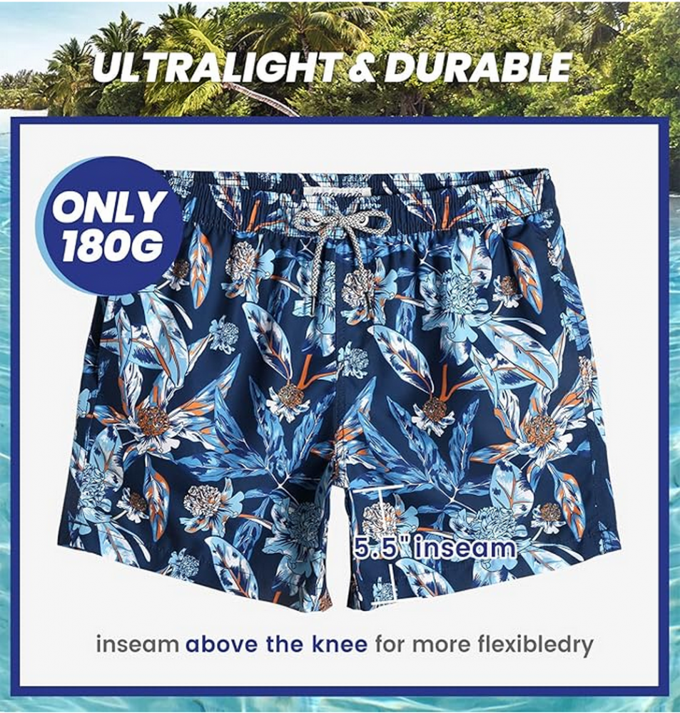 Pantaloni scurți de baie pentru bărbați, uscare rapidă, cu buzunare, MaaMgic, bleumarin, model cu frunze marime S [6]