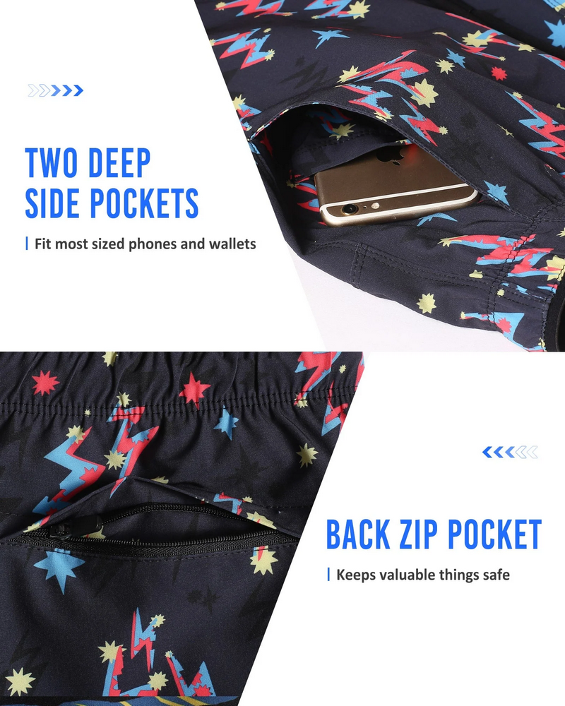 Pantaloni scurti pentru barbati, ideali pentru alergare, antrenamente si activitati de zi cu zi, 15 cm, usori, cu uscare rapida si buzunar cu fermoar, MaaMgic, neagru cu imprimeu fulgere [4]