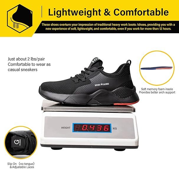 Pantofi de Protecție Ulogu cu Bombeu din Oțel, Impermeabili, Ușori și Anti-Alunecare pentru Muncă și Activități Industriale, Negru [3]