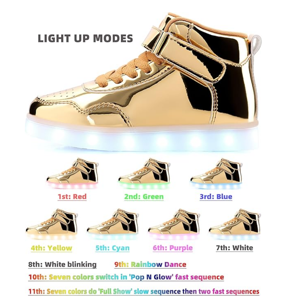 Pantofi sport LED pentru copii APTESOL, model high top, reincarcabili prin USB, unisex, aurii, marime 26 [2]