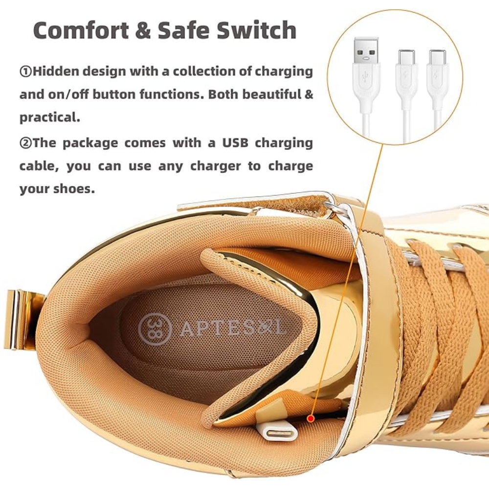 Pantofi sport LED pentru copii APTESOL, model high top, reincarcabili prin USB, unisex, aurii, marime 26 [4]