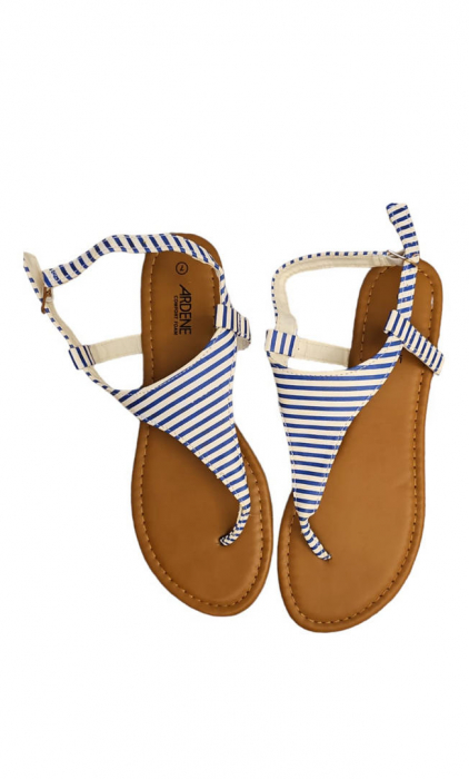 Papuci dama din piele artificiala, Brant din spuma, Ardene, dungi albe/bleumarine cu catarama, marime 39 [3]